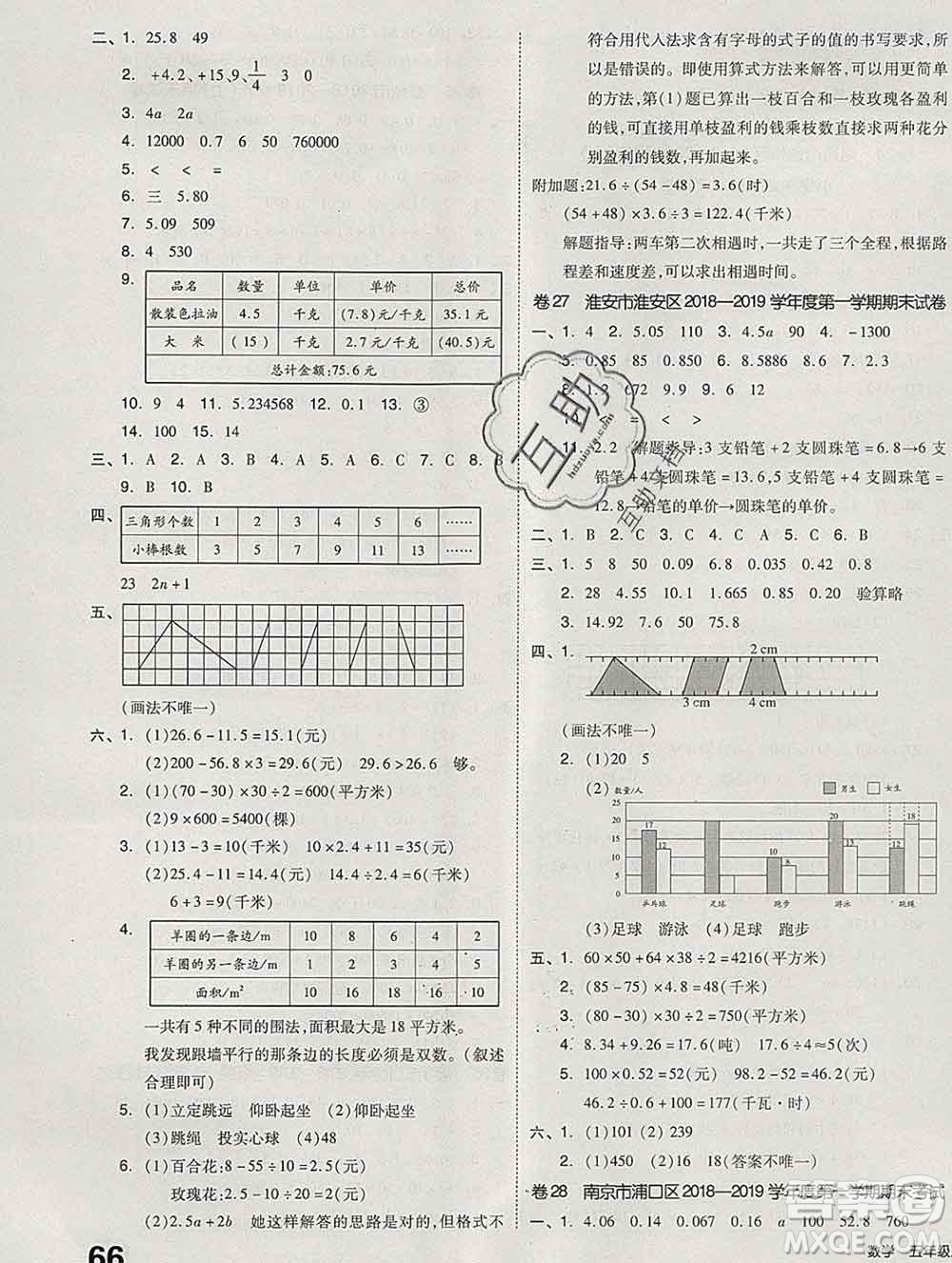 天津人民出版社2019秋新版同步跟蹤期末沖刺五年級數(shù)學上冊蘇教版答案