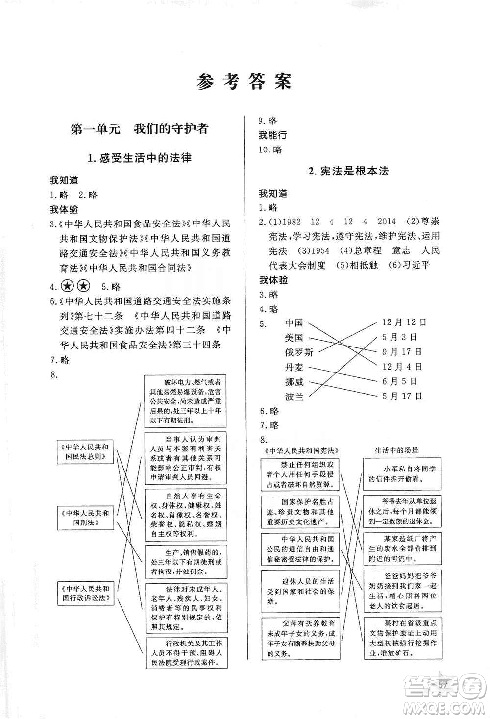 山東人民出版社2019小學配套練習冊六三制六年級上冊道德與法治答案