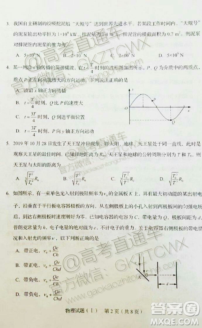 2020屆山東省夏季高考等級考模擬考試物理試題答案