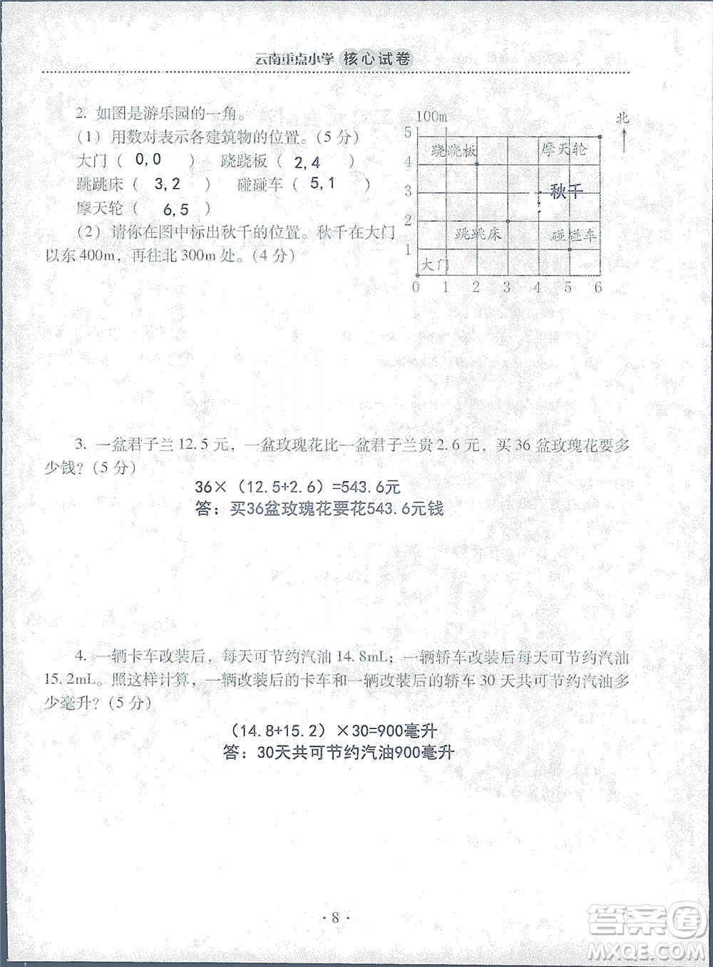 2019云南重點小學核心試卷五年級上冊數(shù)學人教版答案