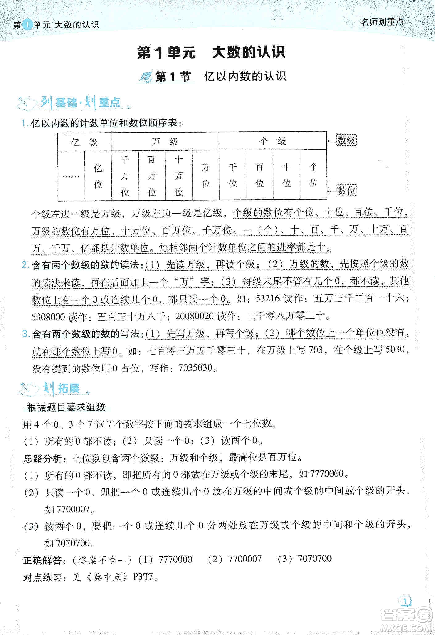 2019典中點名師劃重點四年級數(shù)學(xué)上冊人教版答案