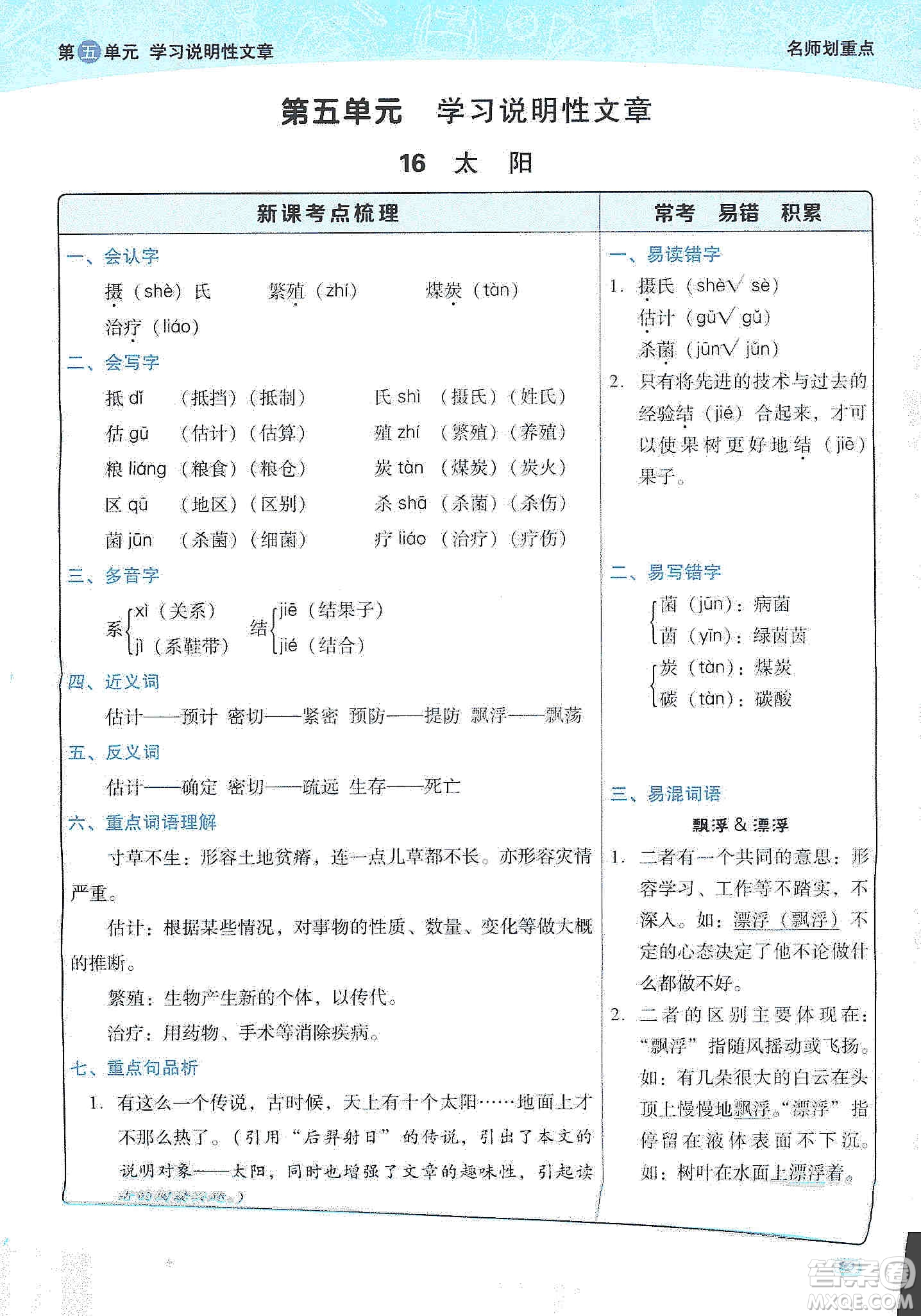 2019典中點名師劃重點五年級語文上冊人教版答案