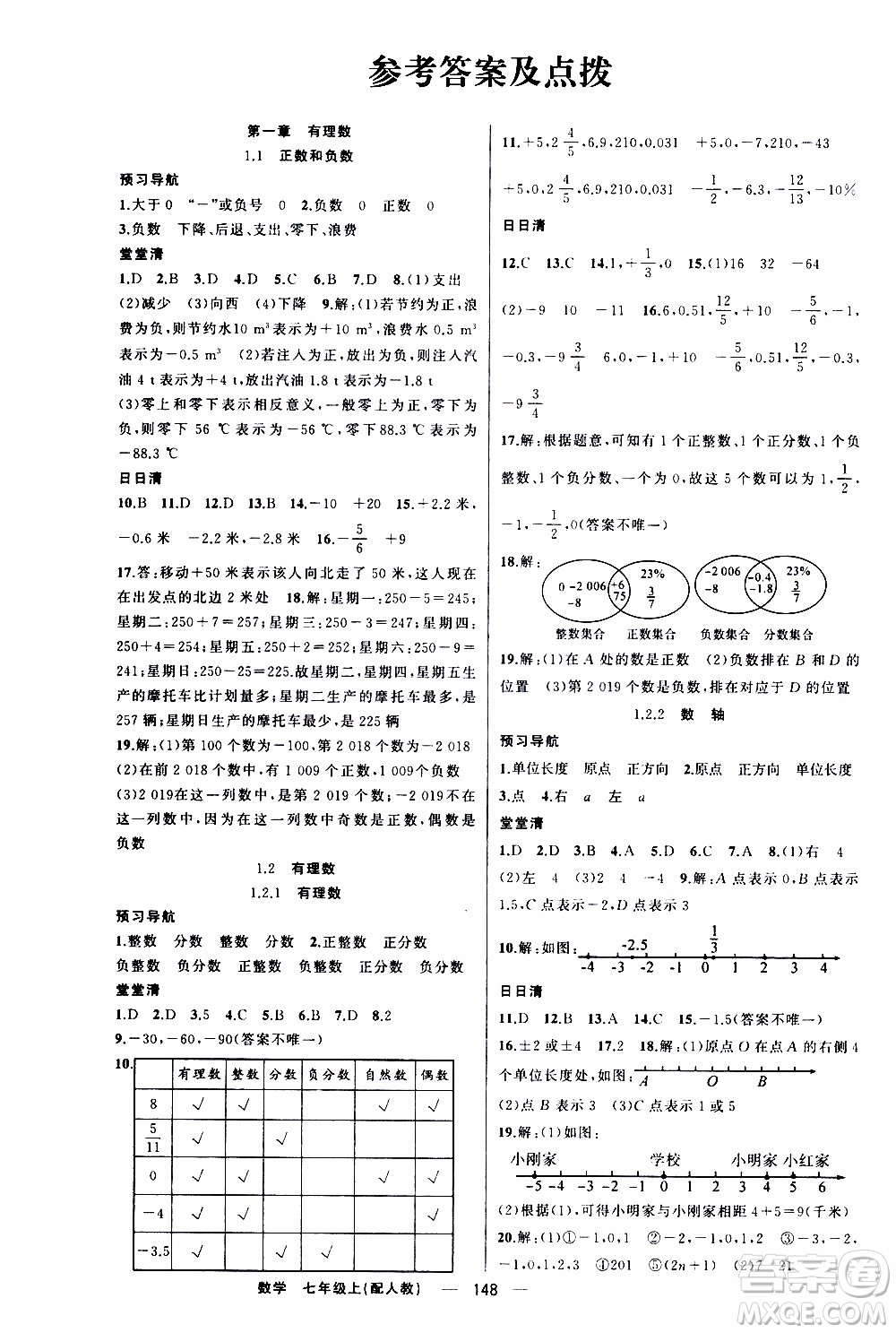 2019年我的書會講課四清導(dǎo)航數(shù)學(xué)七年級上人教版參考答案