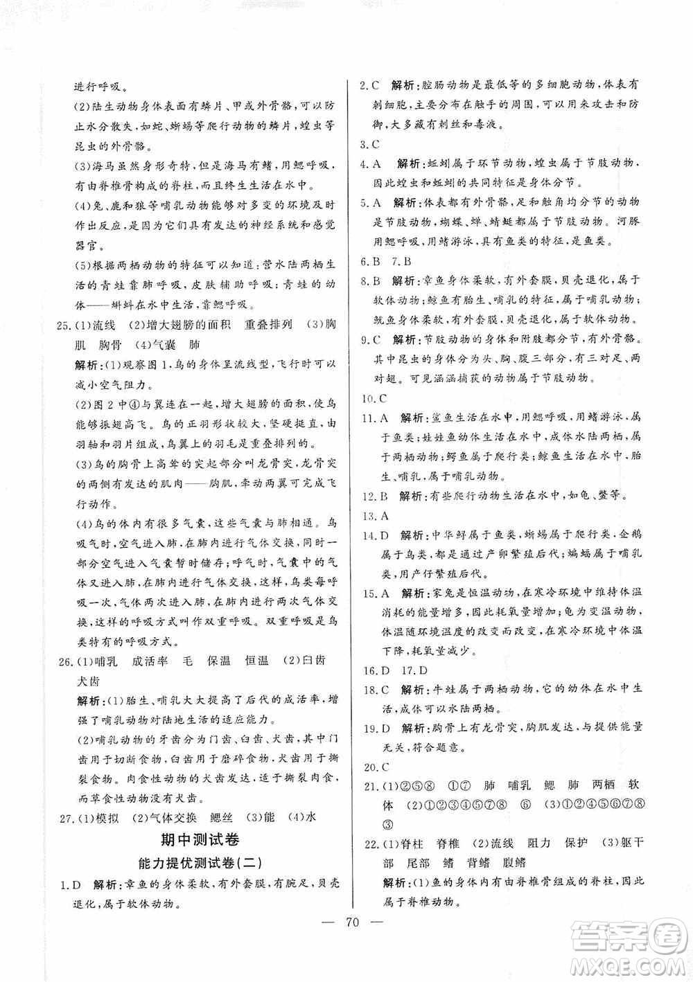 山東文藝出版社2019初中單元提優(yōu)測試卷八年級生物學上冊魯科版答案