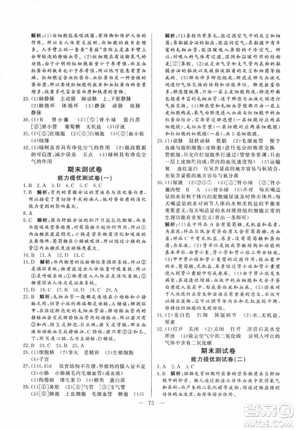 山東文藝出版社2019初中單元提優(yōu)測試卷七年級生物學(xué)上冊魯科版答案