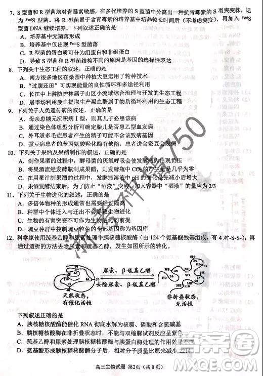 2019年浙江省七彩陽(yáng)光新高考研究聯(lián)盟高考適應(yīng)性考試高三生物試題及參考答案