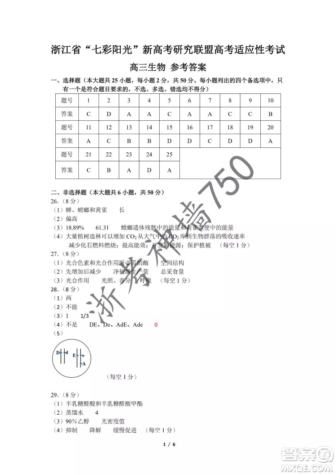 2019年浙江省七彩陽(yáng)光新高考研究聯(lián)盟高考適應(yīng)性考試高三生物試題及參考答案