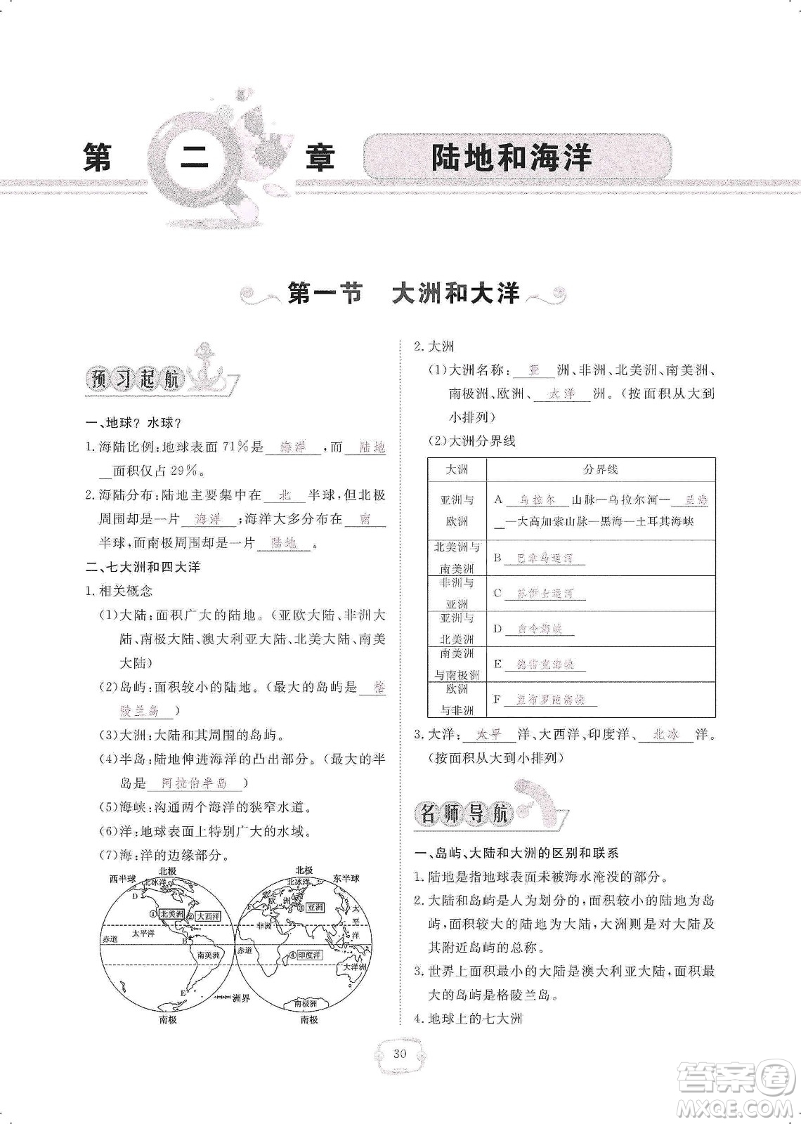 芝麻開(kāi)花2019領(lǐng)航新課標(biāo)練習(xí)冊(cè)七年級(jí)地理上冊(cè)人教版答案