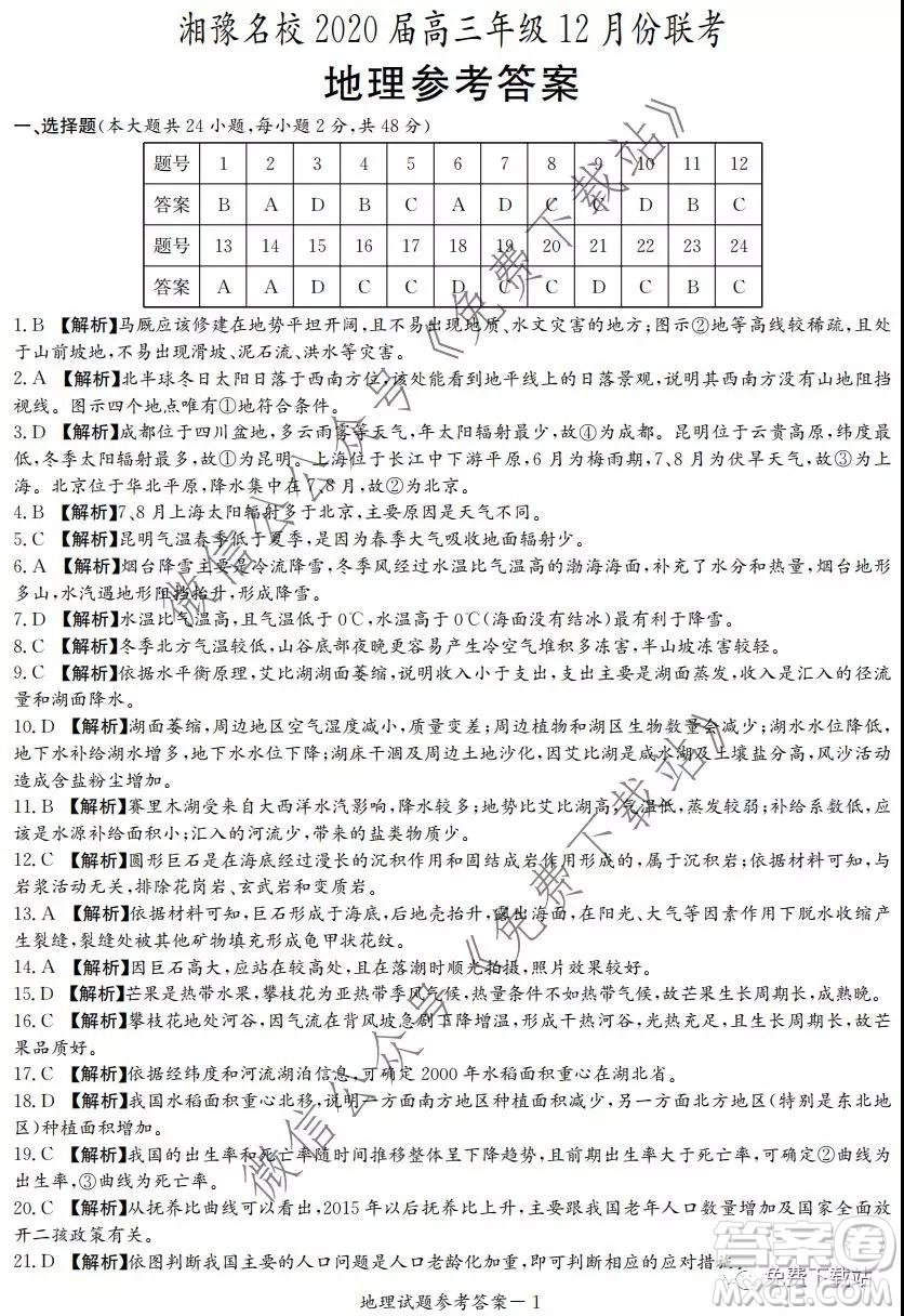 湘豫名校2020屆高三年級12月聯(lián)考地理答案