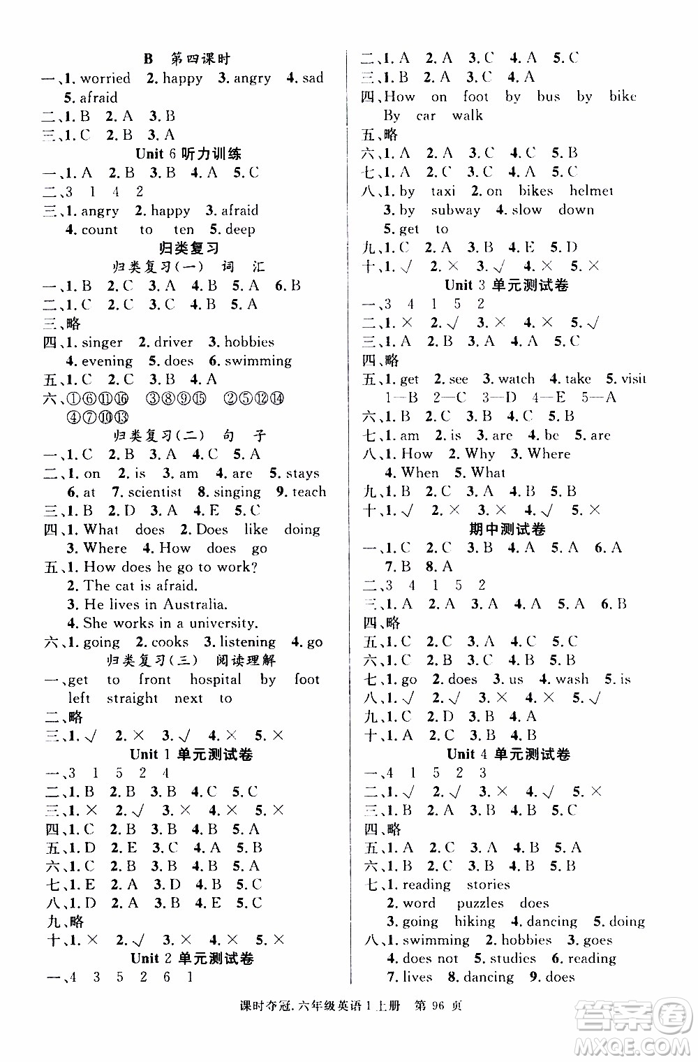 先鋒系列圖書2019年課時(shí)奪冠六年級(jí)上冊(cè)英語PEP人教版參考答案