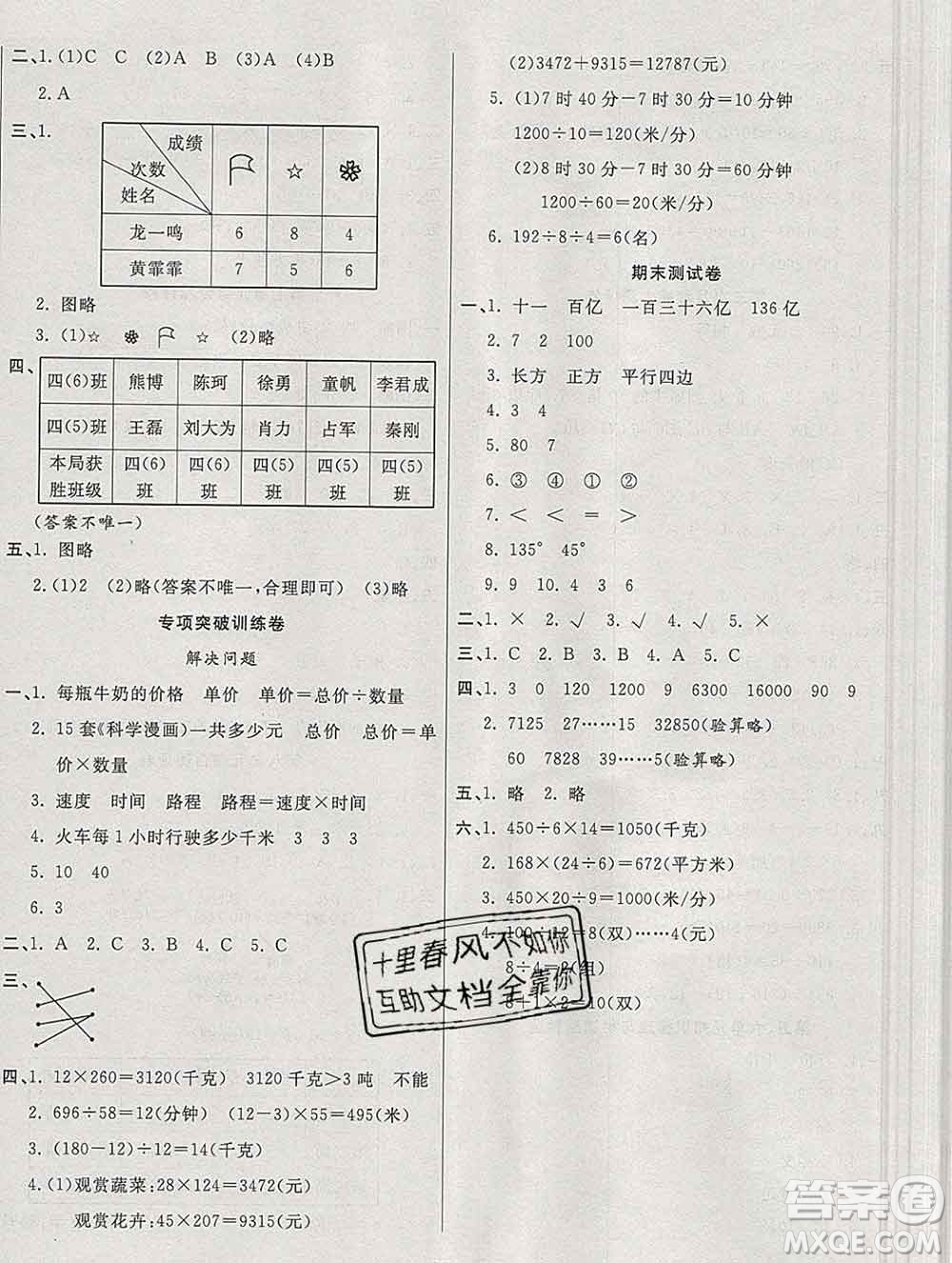 云南教育出版社2019秋新版名校提分一卷通四年級數(shù)學(xué)上冊人教版答案