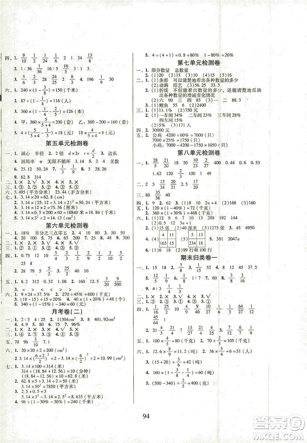 黑龍江美術(shù)出版社2019一線名師奪冠王檢測卷六年級數(shù)學(xué)上冊答案