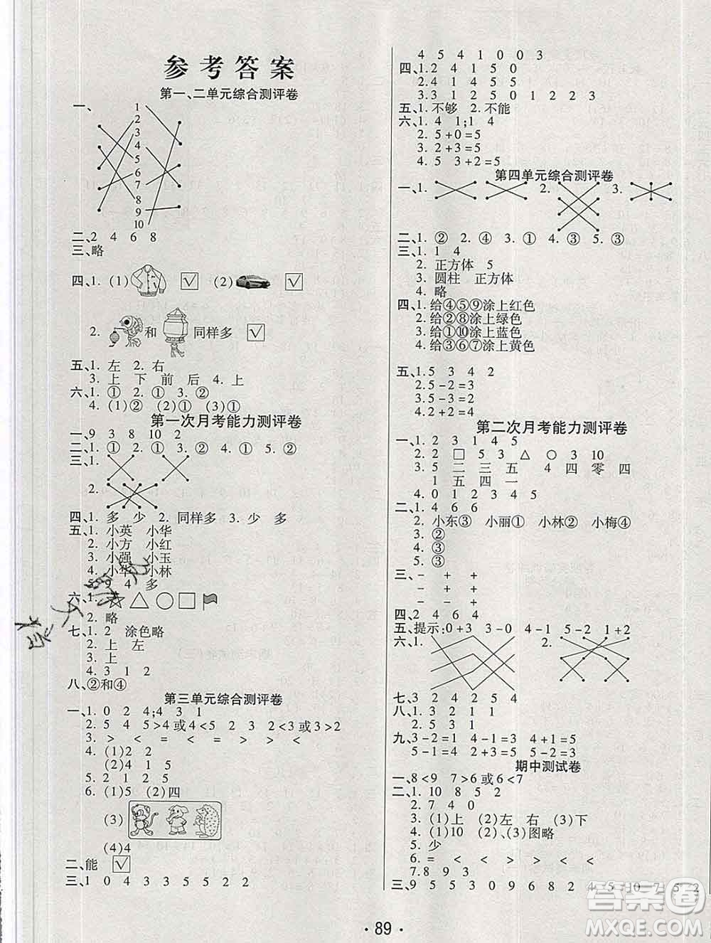 云南教育出版社2019秋新版名校提分一卷通一年級(jí)數(shù)學(xué)上冊(cè)人教版答案