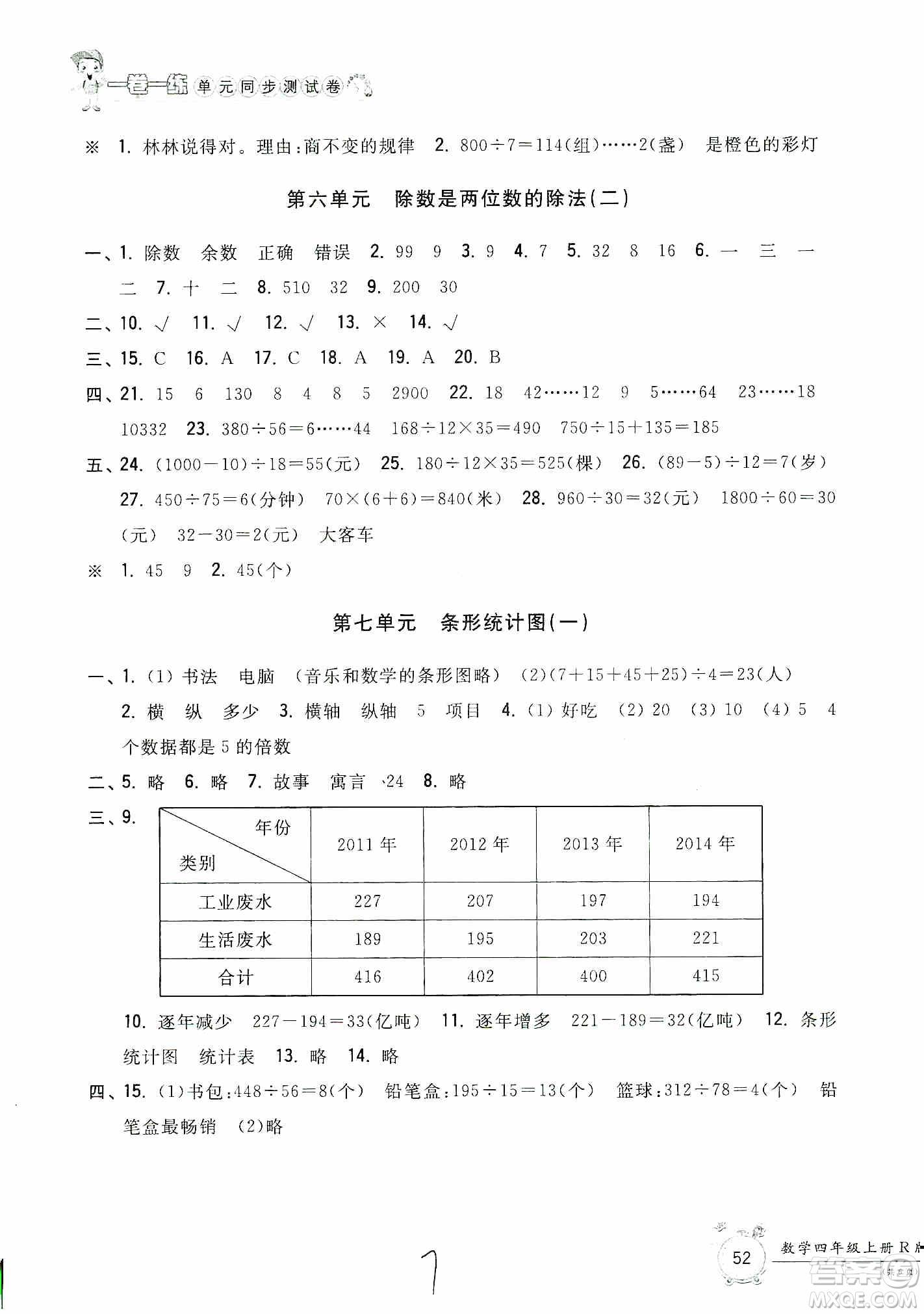 浙江工商大學出版社2019一卷一練單元同步測試卷四年級上冊數(shù)學人教版答案