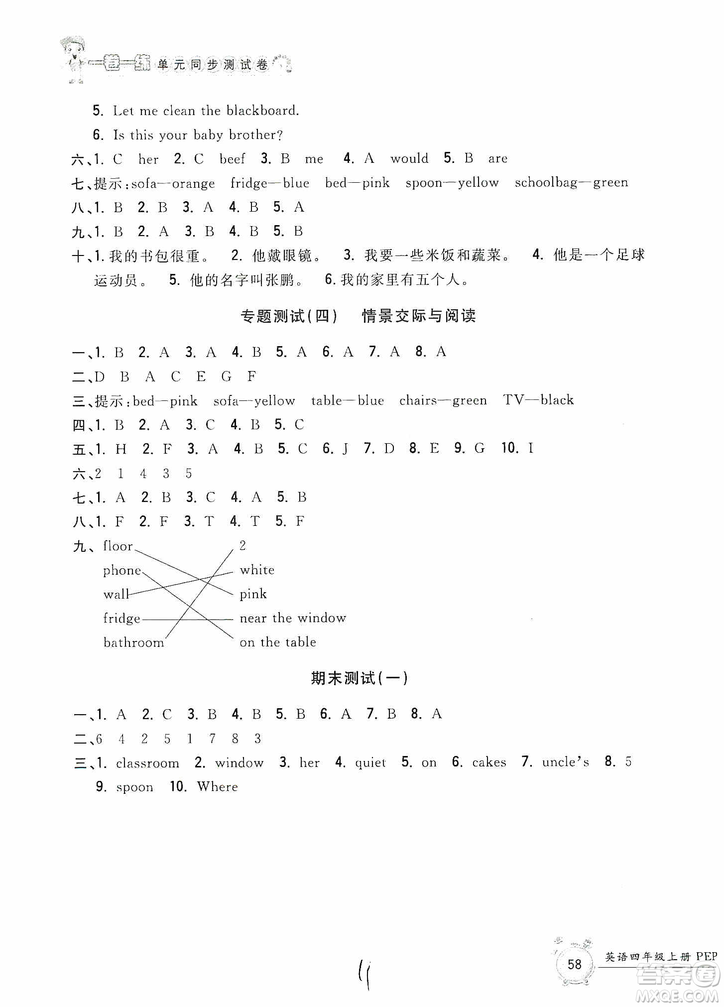 浙江工商大學(xué)出版社2019一卷一練單元同步測(cè)試卷四年級(jí)英語上冊(cè)人教PEP版答案