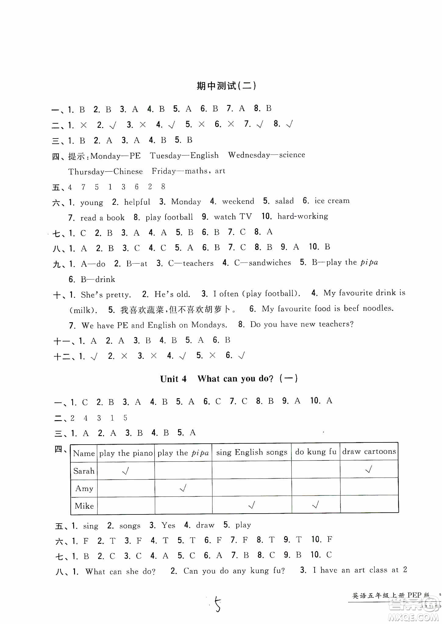 浙江工商大學出版社2019一卷一練單元同步測試卷五年級英語上冊人教PEP版答案