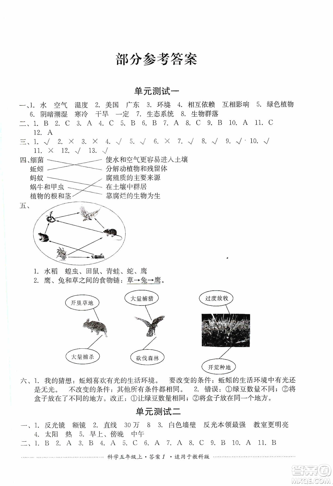 四川教育出版社2019課程標(biāo)準(zhǔn)小學(xué)單元測試五年級科學(xué)上冊教科版答案