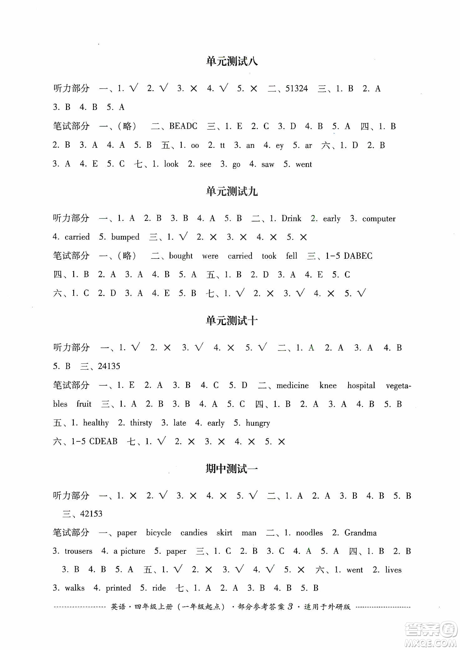 四川教育出版社2019課程標(biāo)準(zhǔn)小學(xué)單元測(cè)試四年級(jí)英語上冊(cè)外研版答案