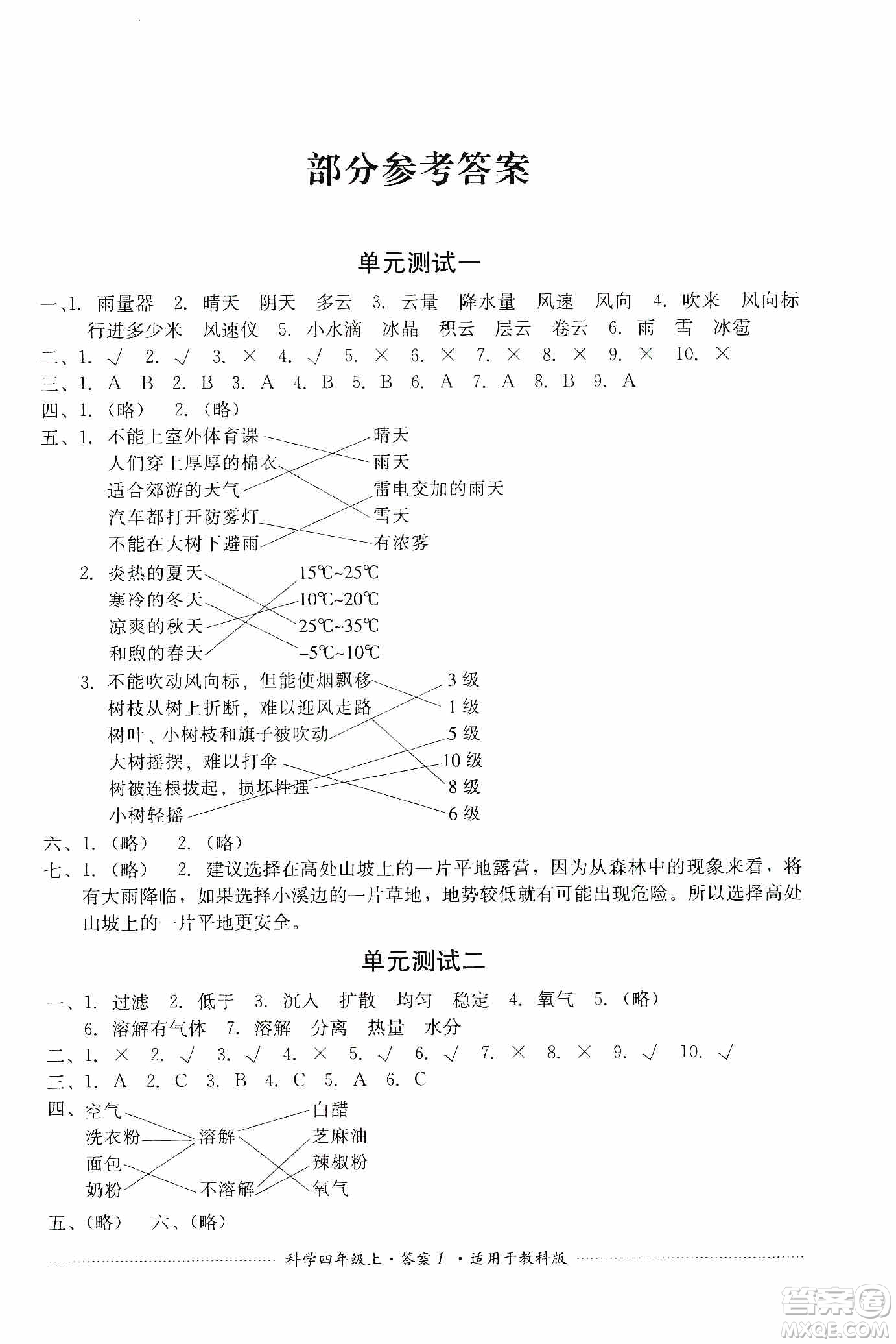 四川教育出版社2019課程標(biāo)準(zhǔn)小學(xué)單元測(cè)試四年級(jí)科學(xué)上冊(cè)教科版答案