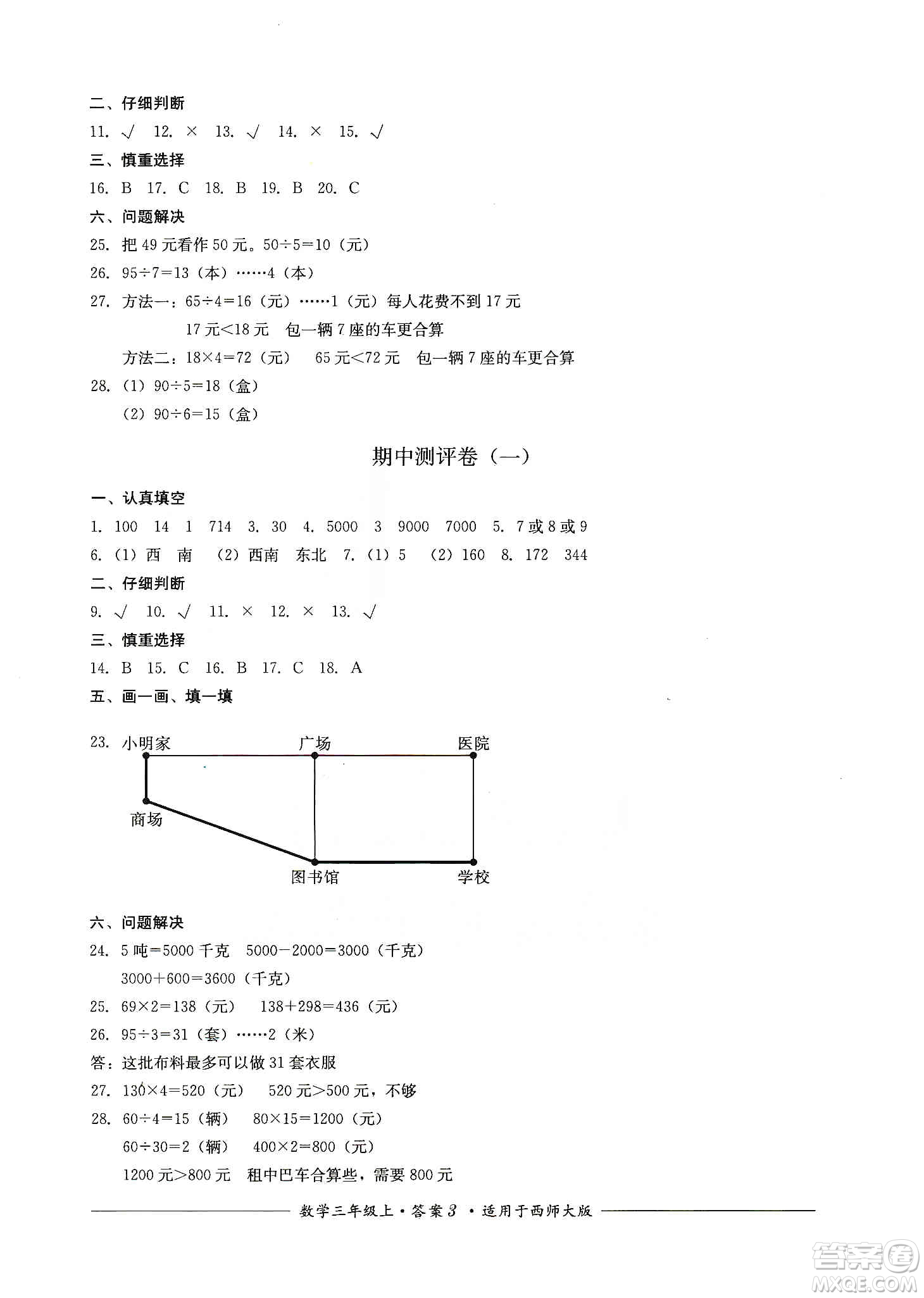 四川教育出版社2019課程標(biāo)準(zhǔn)小學(xué)單元測(cè)評(píng)三年級(jí)數(shù)學(xué)上冊(cè)西師大版答案