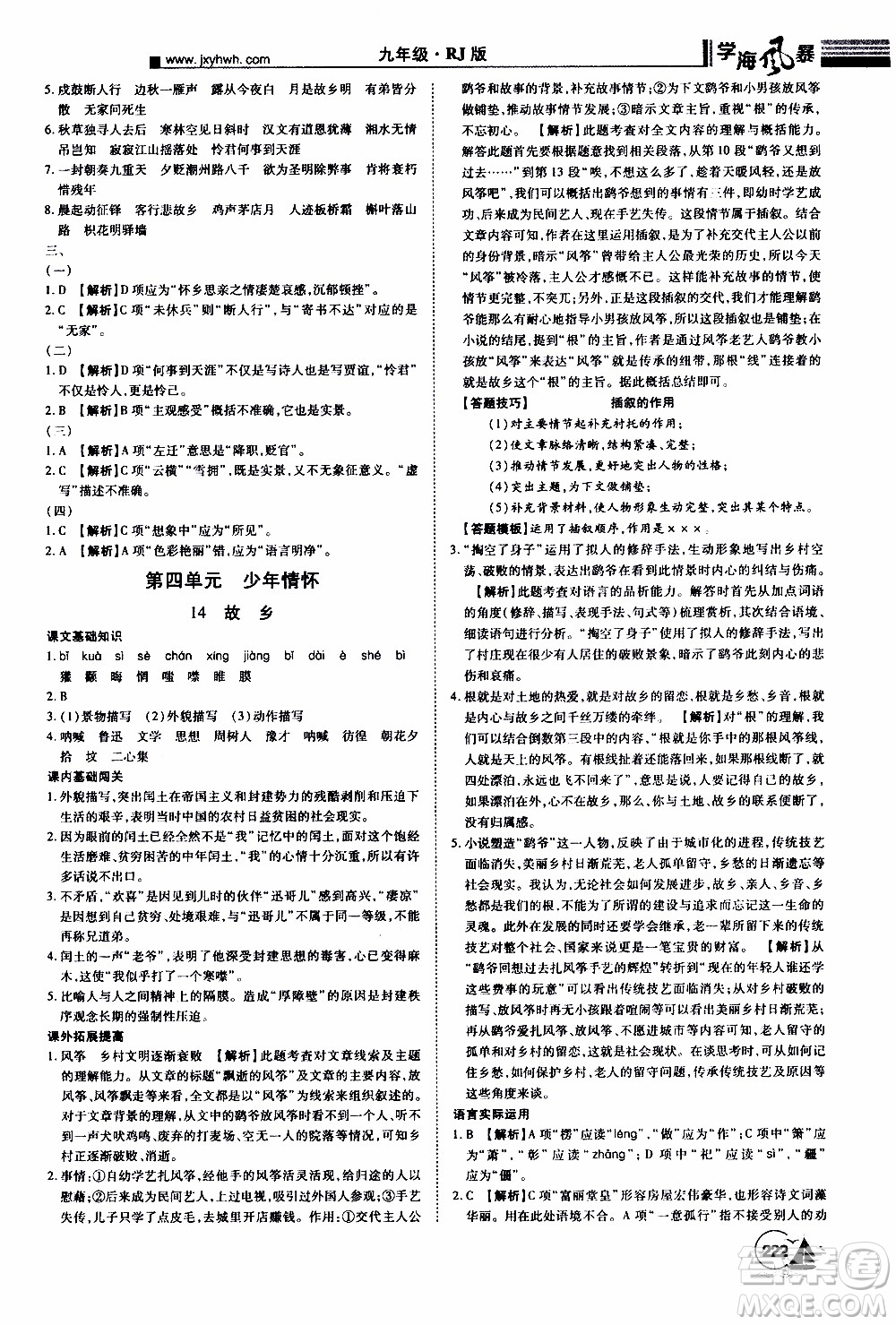 宇恒文化2019年學(xué)海風(fēng)暴初中同步系列語(yǔ)文九年級(jí)上冊(cè)RJ人教版參考答案