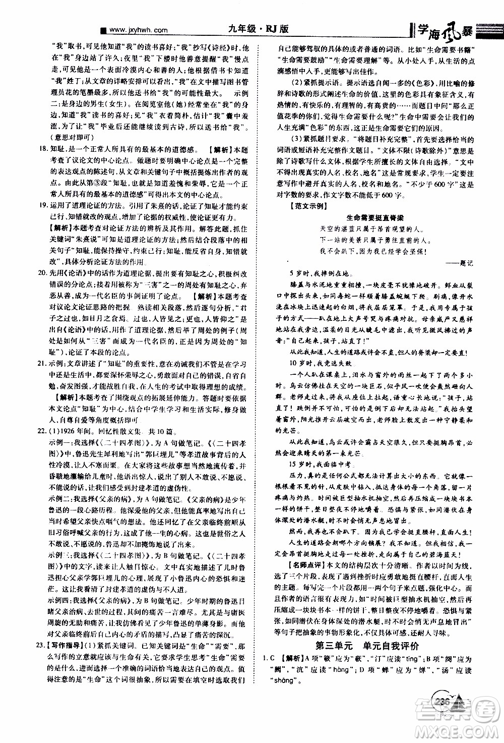 宇恒文化2019年學(xué)海風(fēng)暴初中同步系列語(yǔ)文九年級(jí)上冊(cè)RJ人教版參考答案