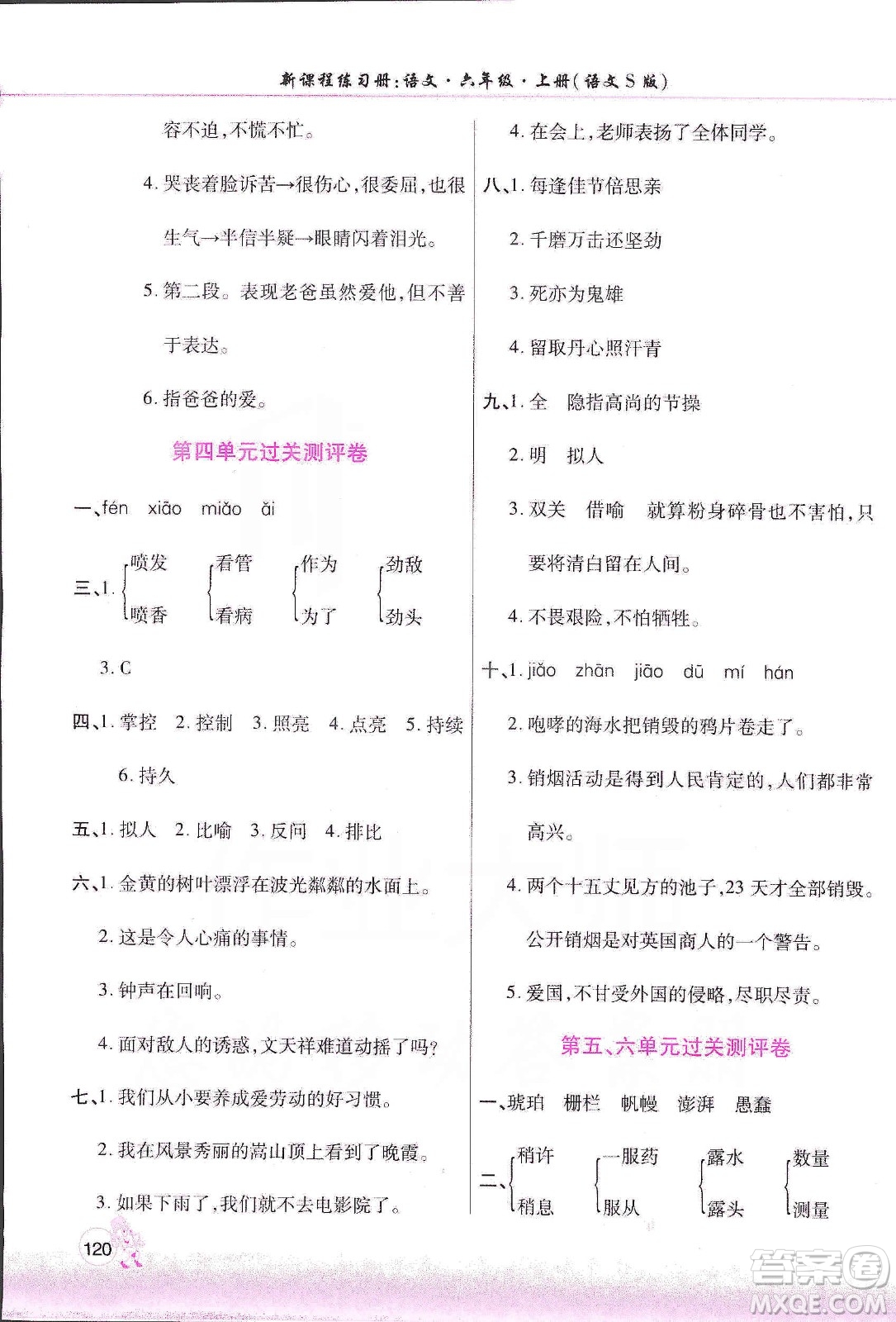 河南大學(xué)出版社2019新課程練習(xí)冊六年級語文上冊語文S版答案