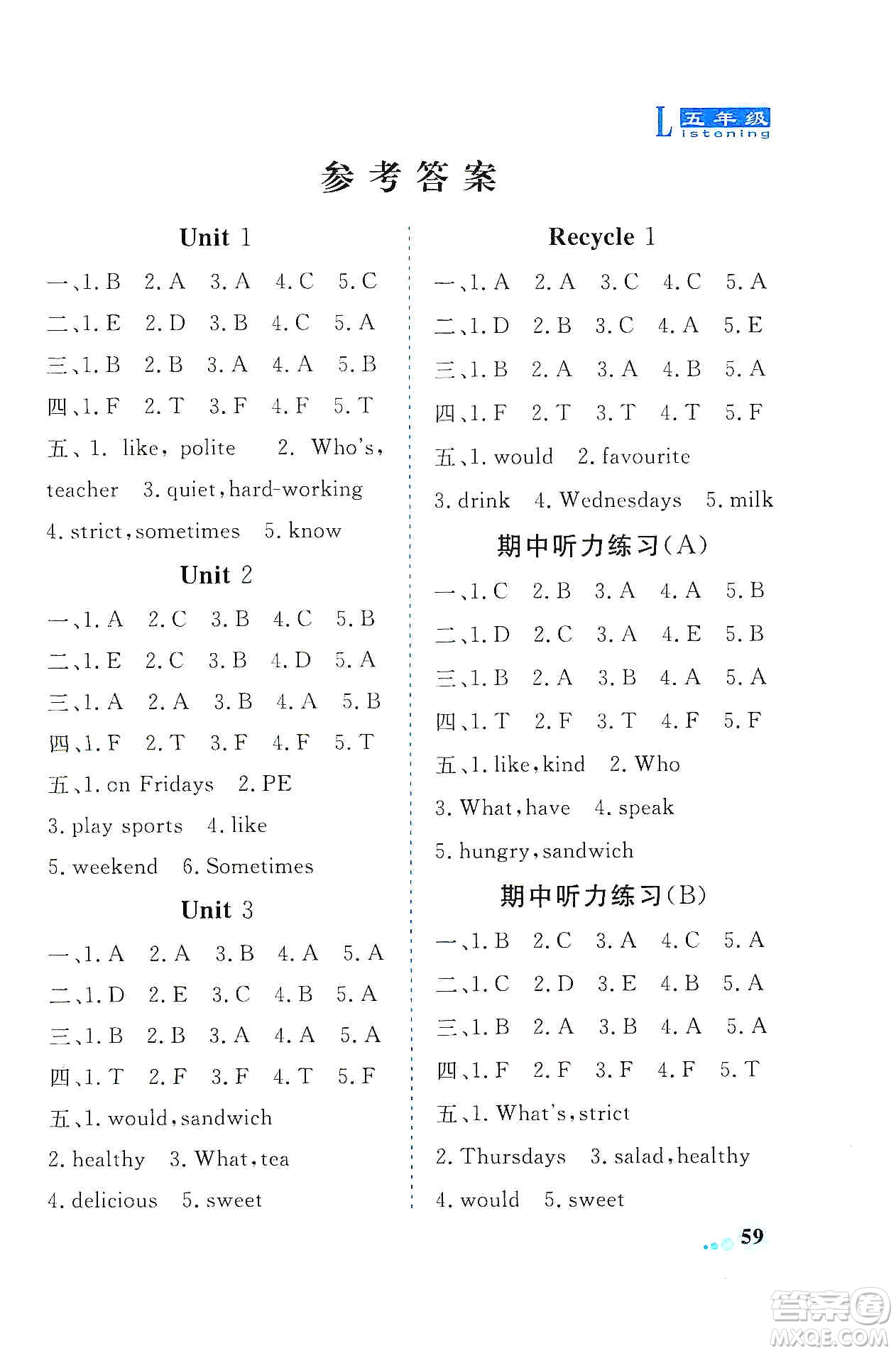 山東科學技術出版社2019英語同步聽力練習冊五年級上冊答案