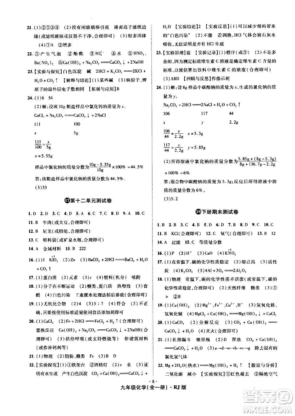 2019年魔力一卷化學(xué)九年級全一冊RJ版人教版參考答案