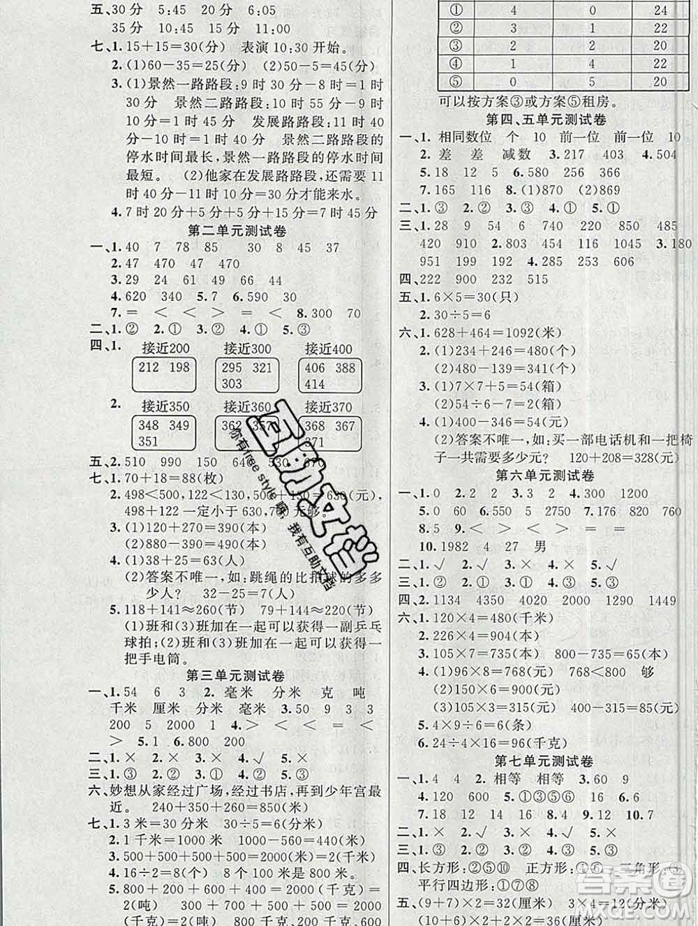 新疆青少年出版社2019秋黃岡金牌之路練闖考三年級數(shù)學上冊人教版答案