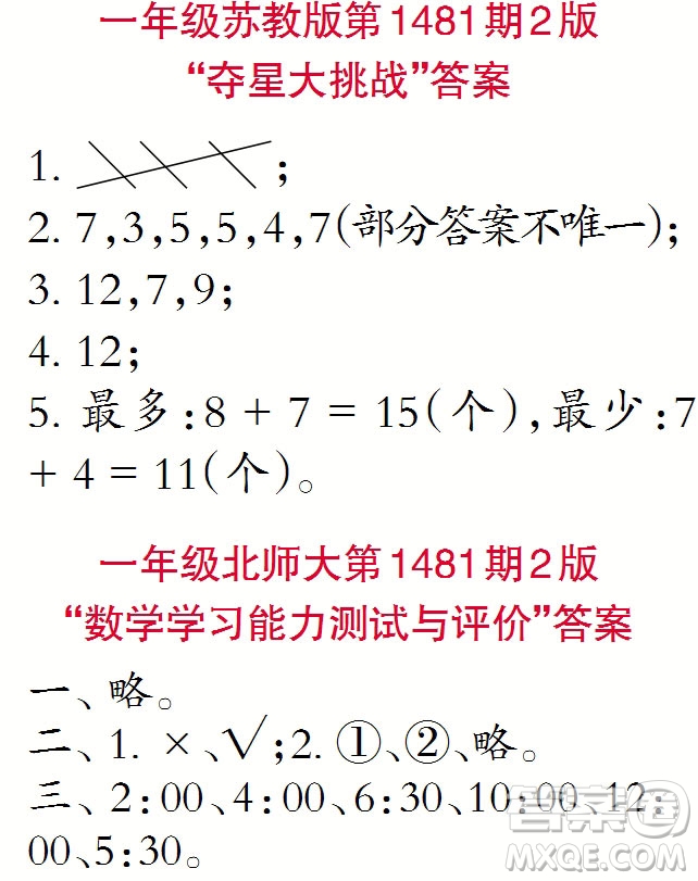 2019年小學生數(shù)學報一年級上學期第1481期答案