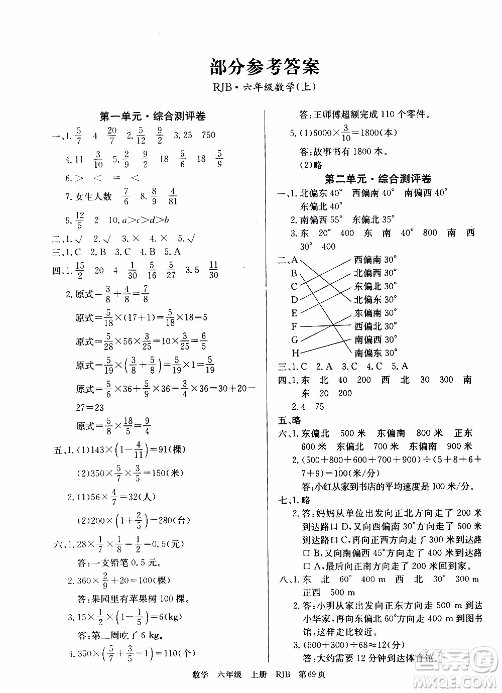 2019年單元測評卷數(shù)學優(yōu)優(yōu)好卷六年級上冊人教版參考答案