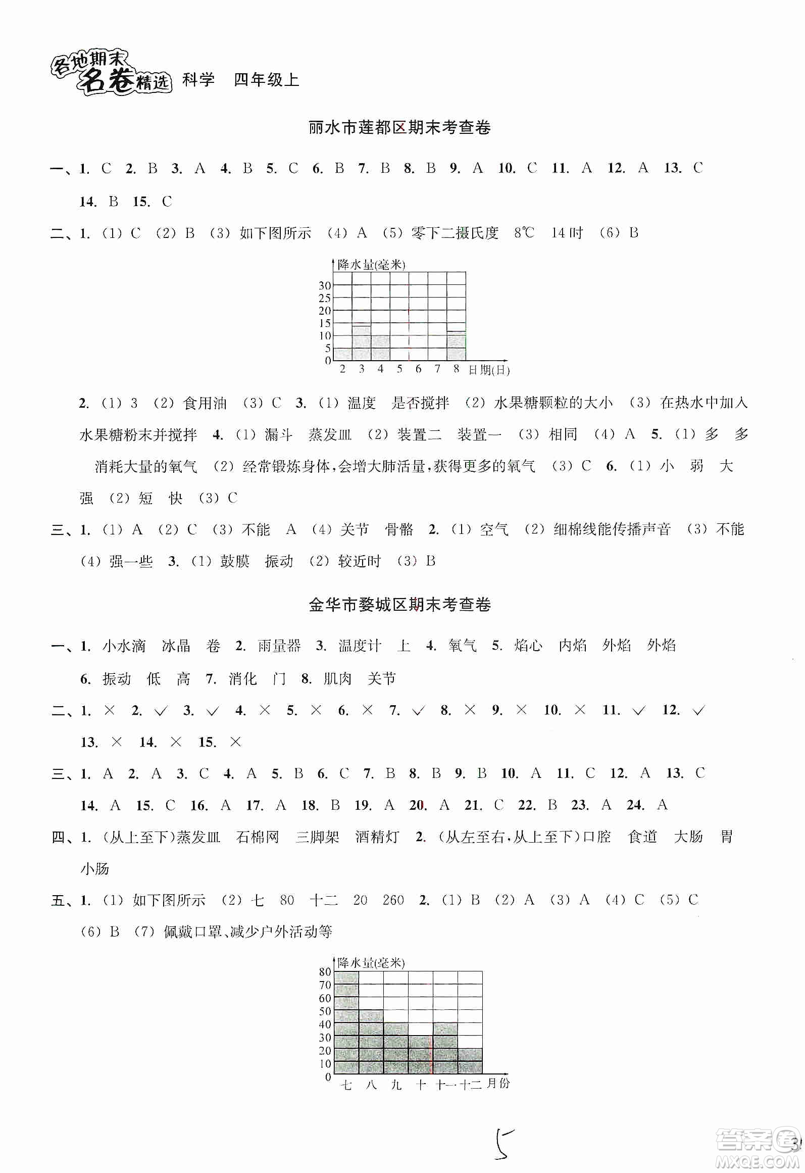 浙江教育出版社2019各地期末名卷精選四年級科學(xué)上冊人教版答案