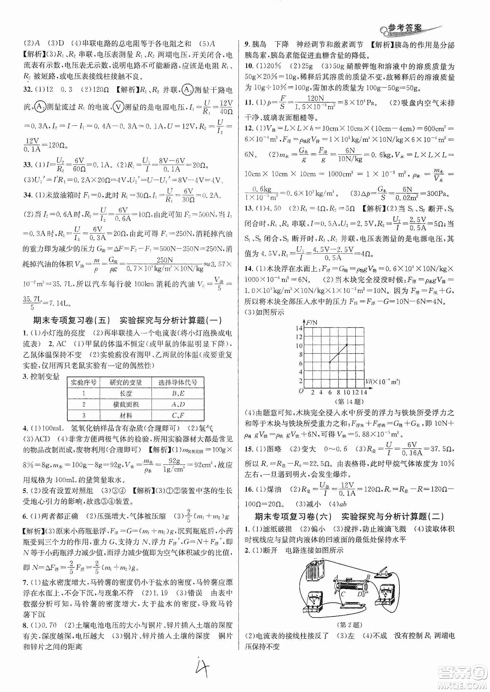 浙江教育出版社2019各地期末名卷精選八年級科學(xué)上冊浙教新課標(biāo)答案