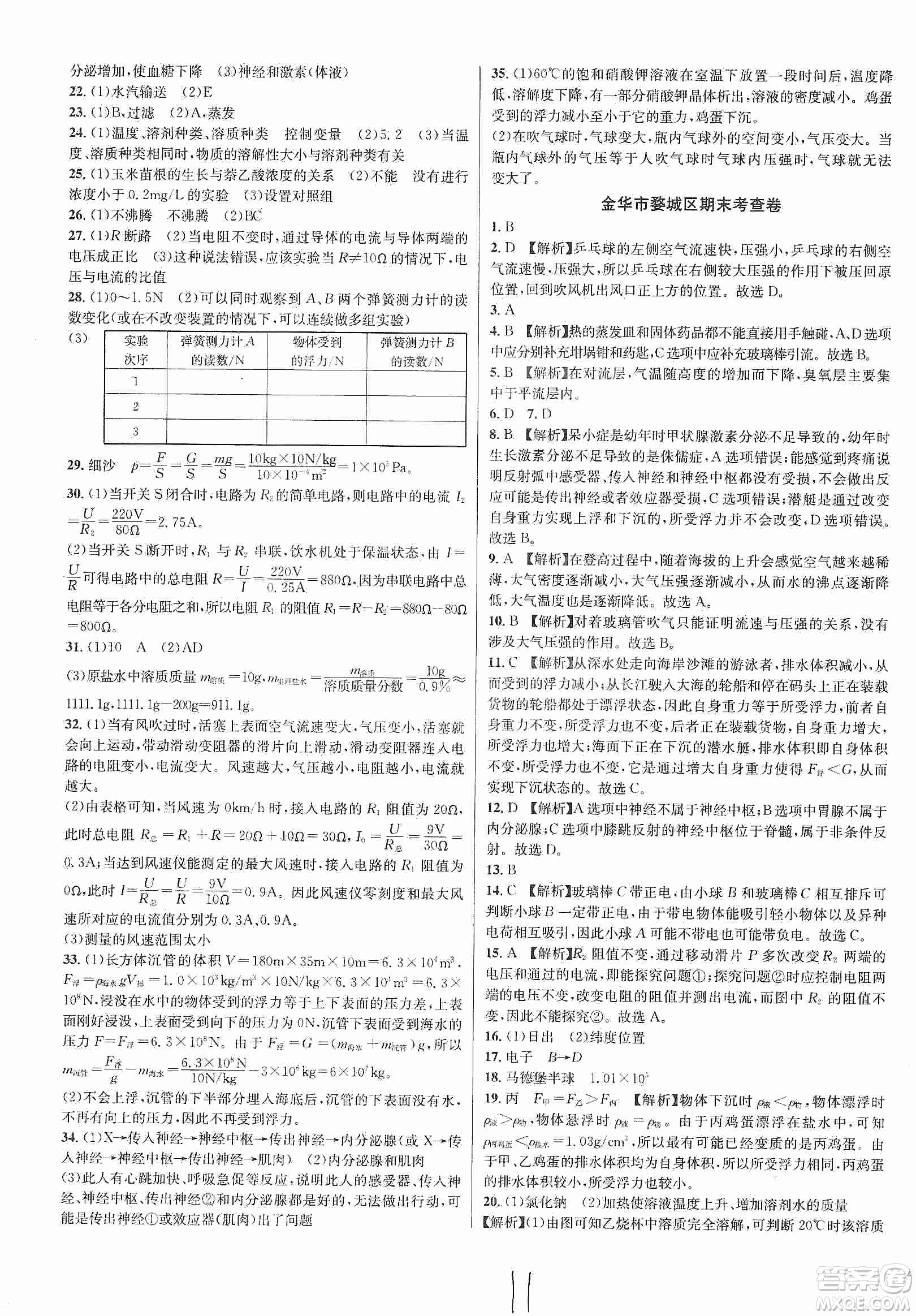 浙江教育出版社2019各地期末名卷精選八年級科學(xué)上冊浙教新課標(biāo)答案