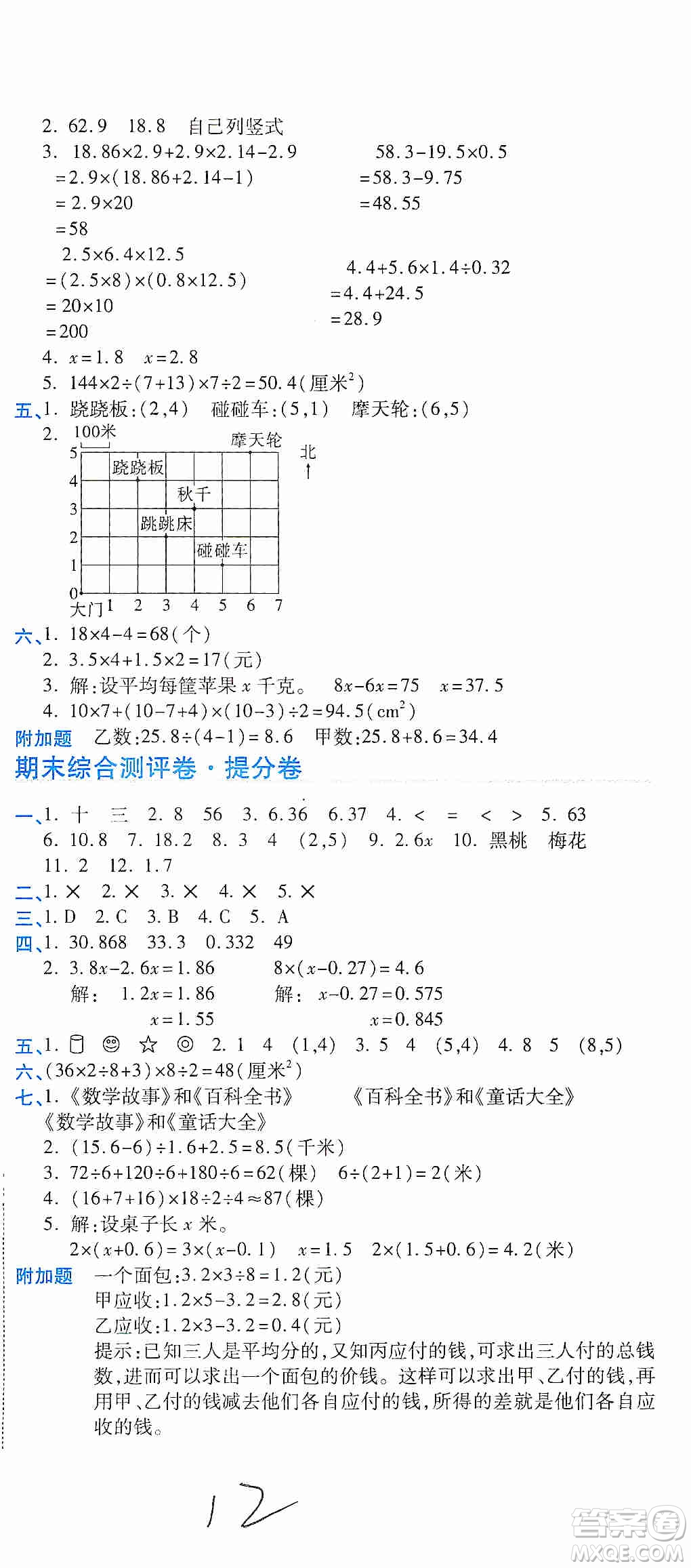 2019期末100分沖刺卷五年級數(shù)學(xué)上冊人教版答案