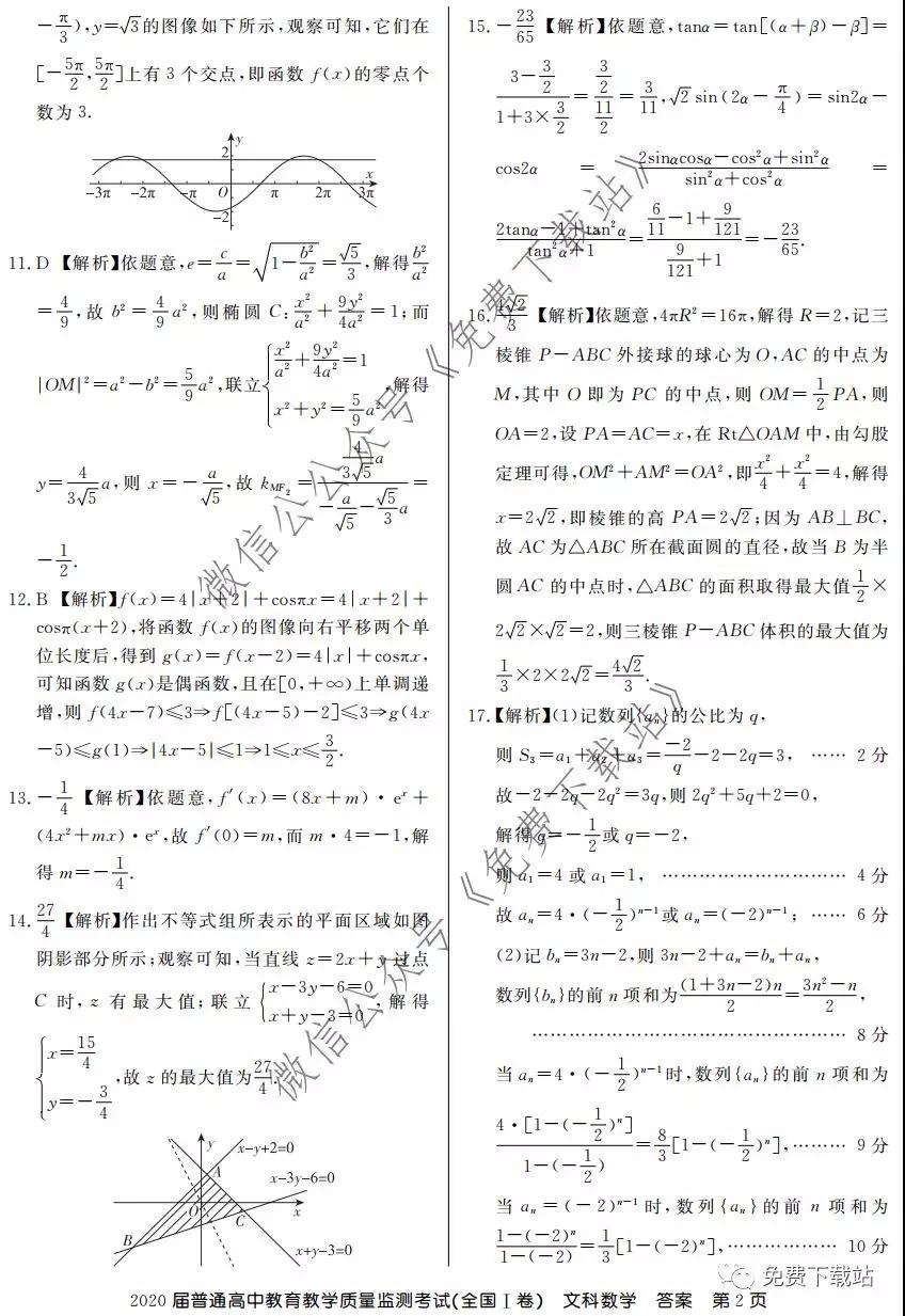 百校聯(lián)盟2020屆普通高中教育教學(xué)質(zhì)量監(jiān)測考試全國I卷文科數(shù)學(xué)試題及答案