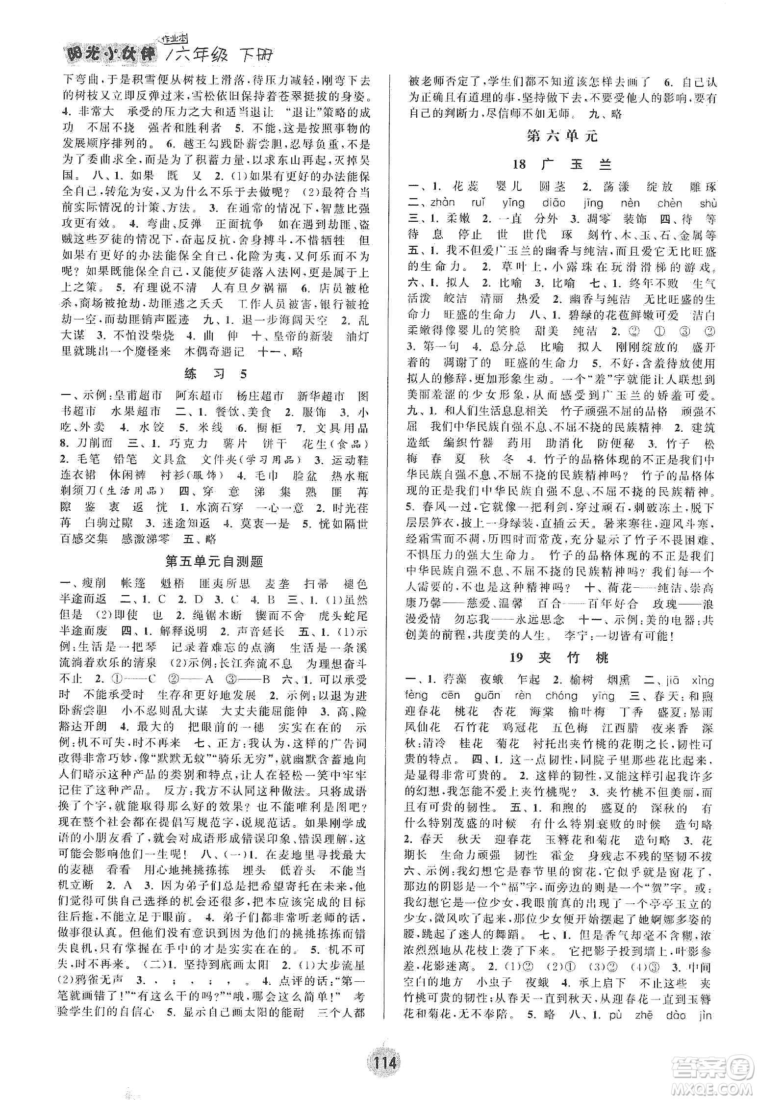 陽(yáng)光小伙伴2020課時(shí)提優(yōu)計(jì)劃作業(yè)本六年級(jí)語(yǔ)文下冊(cè)江蘇地區(qū)專(zhuān)用版答案