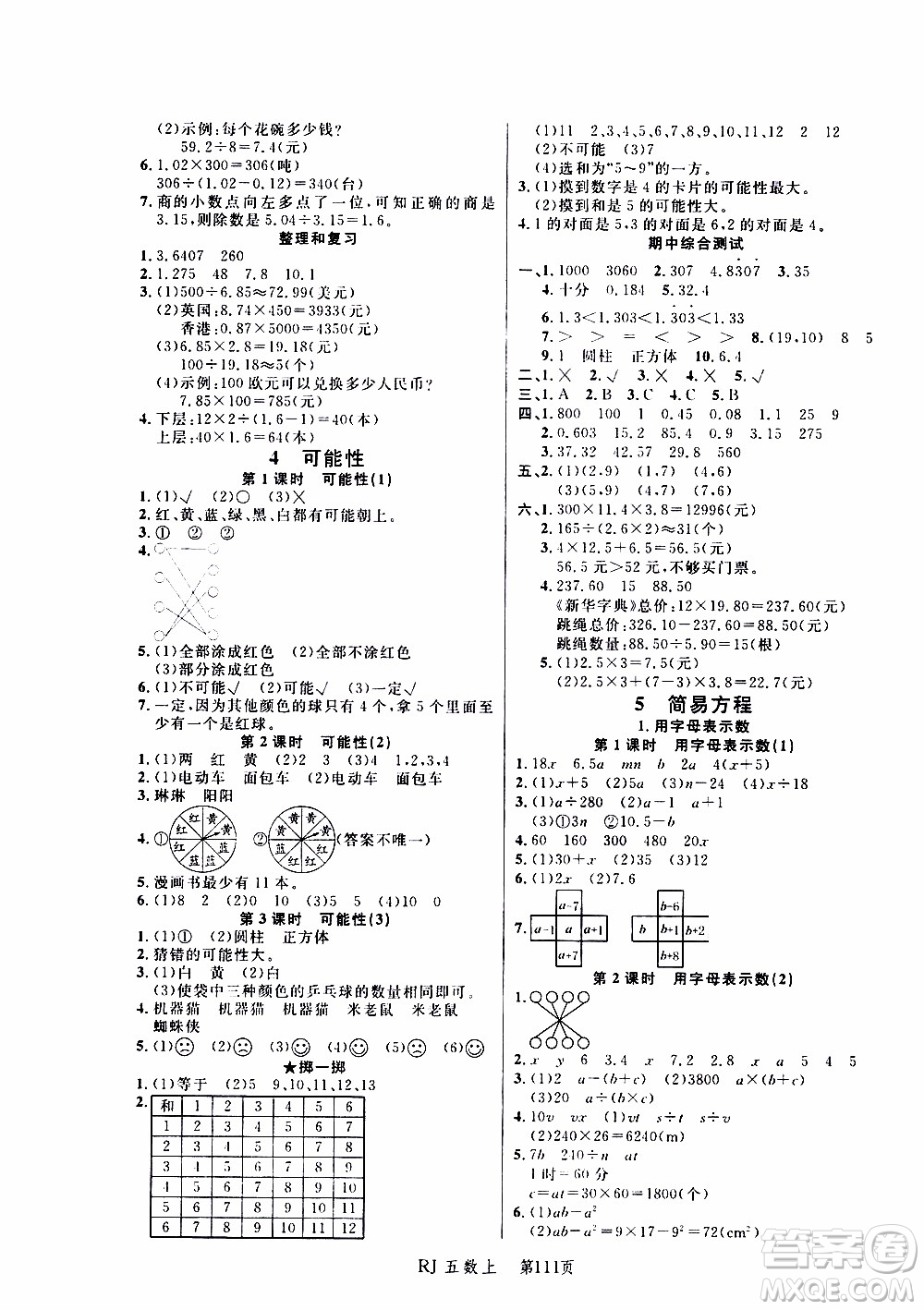 2019年小狀元沖刺100分隨堂手冊數(shù)學(xué)五年級上冊人教版參考答案