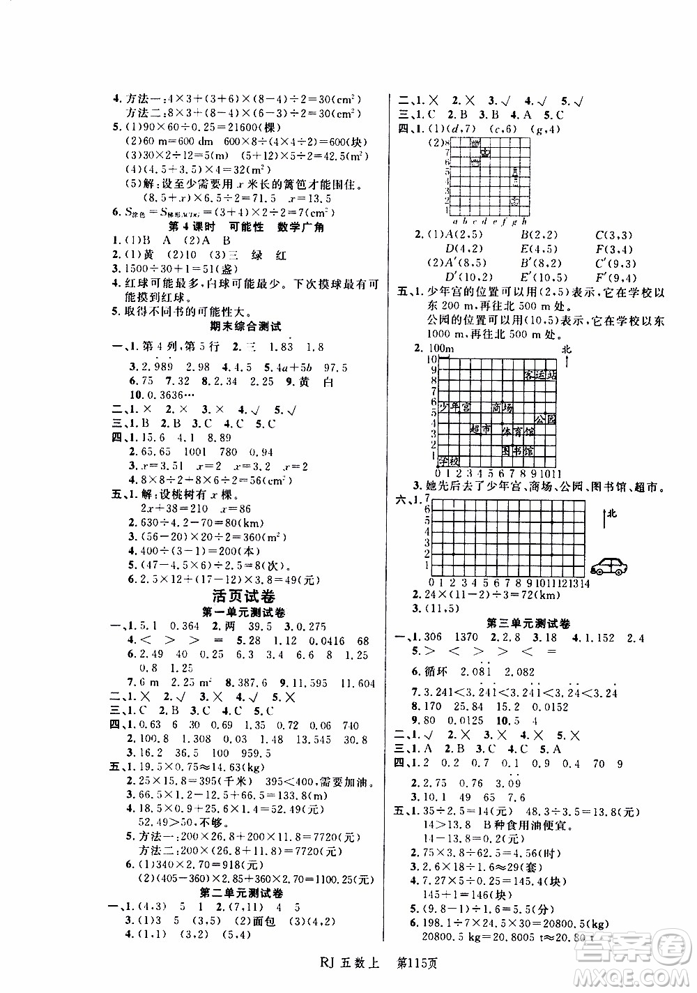 2019年小狀元沖刺100分隨堂手冊數(shù)學(xué)五年級上冊人教版參考答案