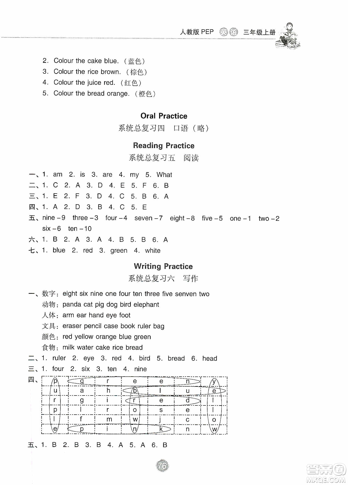 提優(yōu)試卷2019單元檢測(cè)卷及系統(tǒng)總復(fù)習(xí)三年級(jí)英語(yǔ)上冊(cè)人教PEP版答案