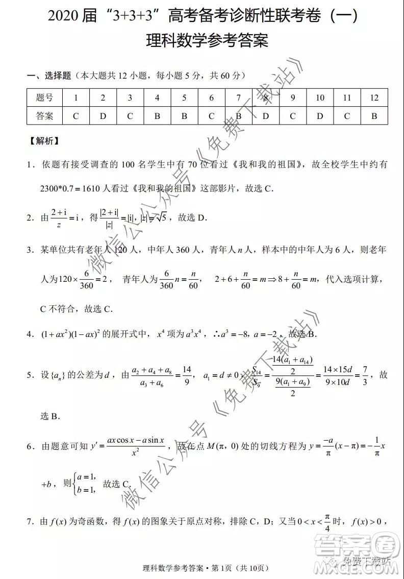 2020屆3+3+3高考備考診斷性聯(lián)考卷一理科數(shù)學試題及答案