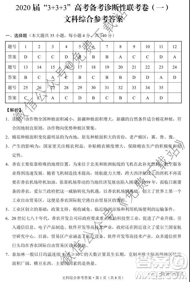 2020屆3+3+3高考備考診斷性聯(lián)考卷一文科綜合答案