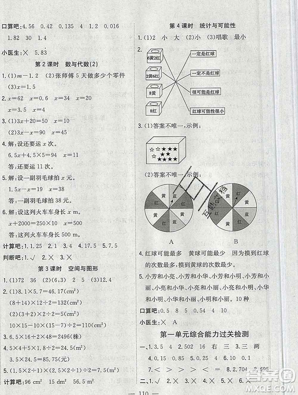 浙江大學出版社2019課時特訓優(yōu)化作業(yè)本五年級數(shù)學上冊人教版答案