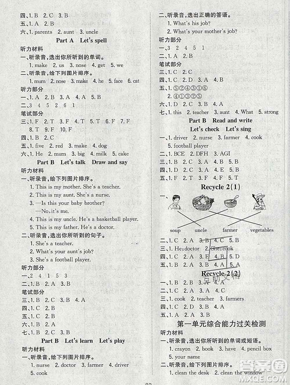 浙江大學(xué)出版社2019課時特訓(xùn)優(yōu)化作業(yè)本四年級英語上冊人教版答案