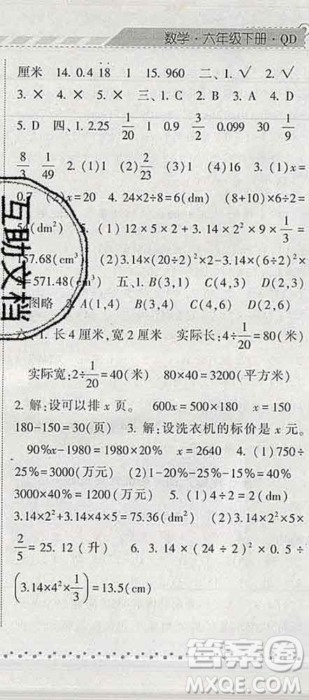 寧夏人民教育出版社2020春經(jīng)綸學(xué)典課時作業(yè)六年級數(shù)學(xué)下冊青島版答案