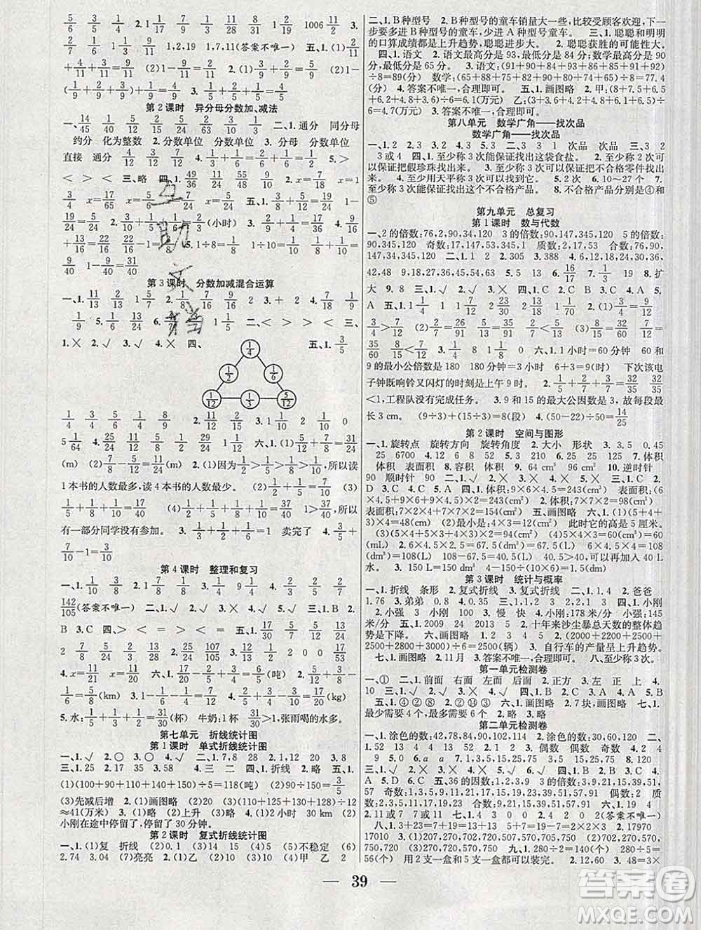 合肥工業(yè)大學(xué)出版社2020春贏在課堂五年級(jí)數(shù)學(xué)下冊(cè)人教版答案