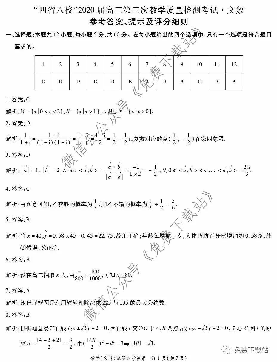 四省八校2020屆高三第三次教學(xué)質(zhì)量檢測(cè)考試文科數(shù)學(xué)答案