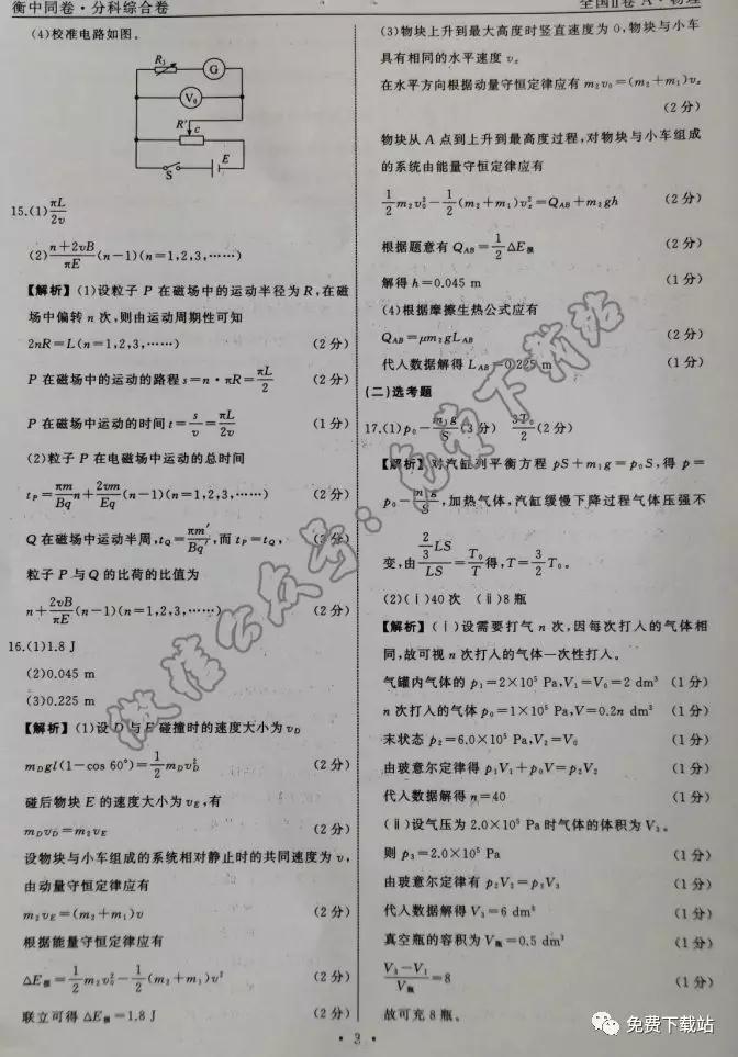 2020屆衡中同卷分科綜合卷全國二卷A物理答案