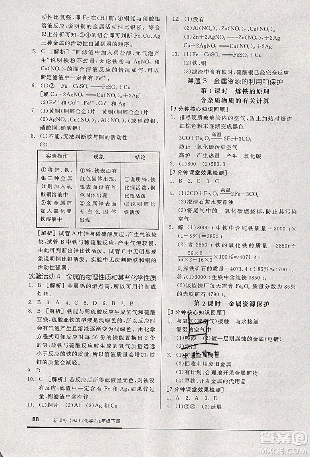 陽(yáng)光出版社2020年全品基礎(chǔ)小練習(xí)化學(xué)九年級(jí)下冊(cè)人教版參考答案